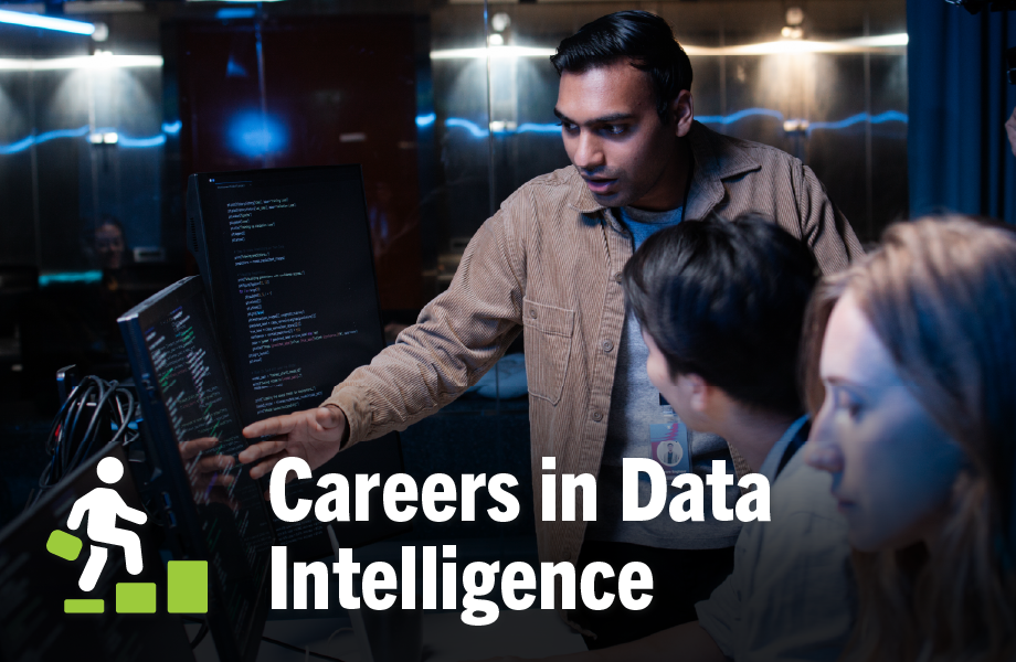 careers in data intelligence. three people looking at computer