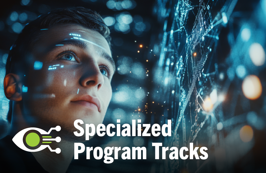 close up of a man looking at a server with techy overlay. Specialized Porgram Concentrations