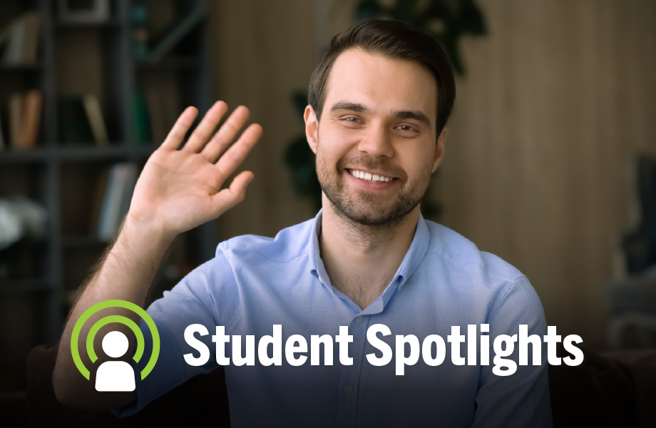 student spotlight. close up of 3 faces looking into camera with techy overlay