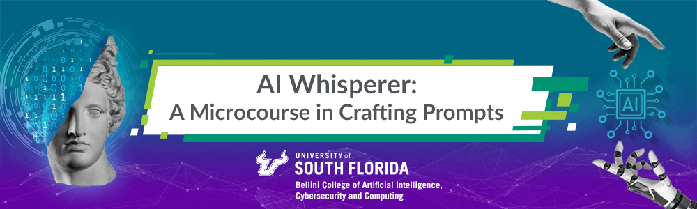 banner image for course- techy imagery with the words AI Whisperer: A Mini Course in Crafting Prompts