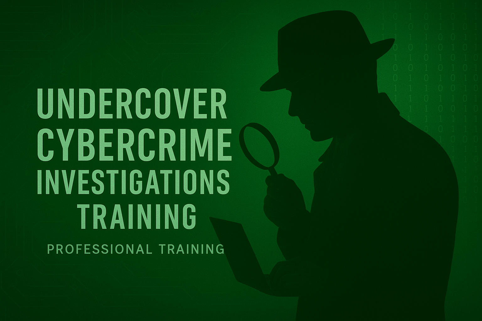 a silloutte of a detective holds a magnifying glass up to a piece of paper with the words undercover cybercrime investigations training on the screen. 