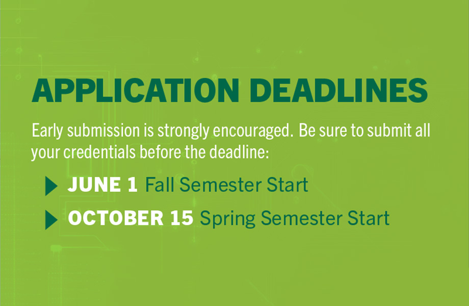 application deadlines - June 1 for fall semester start, and october 15 for spring smemester start