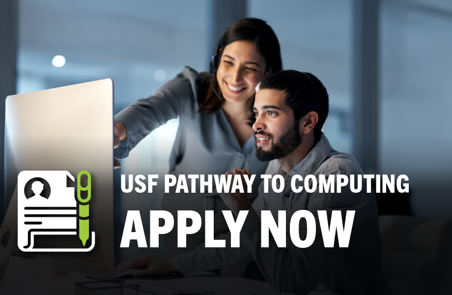a woman and man stand at a computer with the words saying apply now