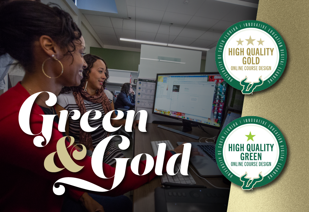 2 women sitting at computer with green and gold badge graphics overlay