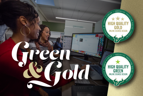 2 women sitting at computer with green and gold badge graphics overlay