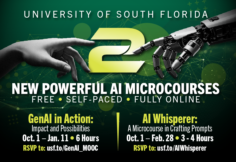 USF graphic promoting two free, self-paced online AI microcourses — GenAI in Action and AI Whisperer — featuring a human and robotic hand reaching toward each other.