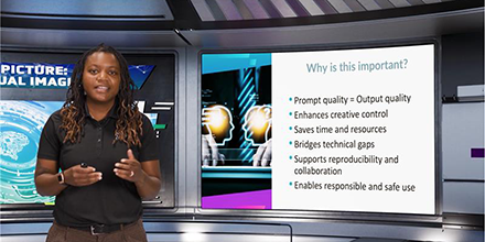 Dr. Tempestt Neal stands on a virtual set talking to camera with a powerpoint in the background labled Why is AI impotrant?