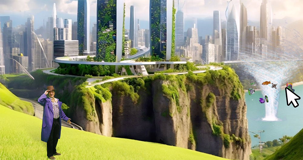 th stands inside a virtal city environment with waterspout in background