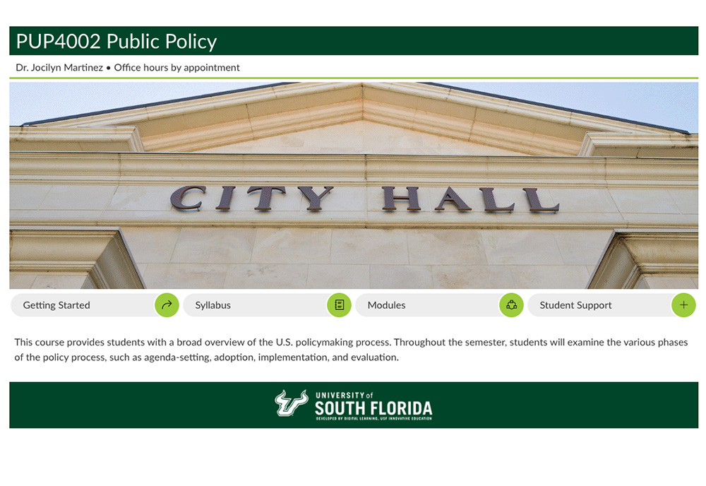 the course homepage for public policy. which shows a picture of city hall