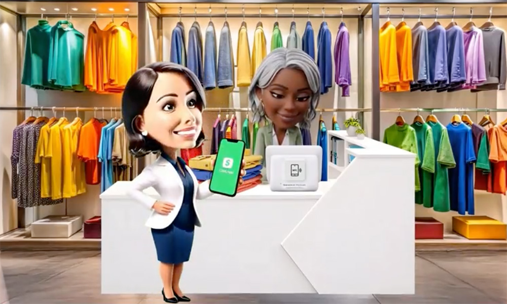 an animation of dr. dozier in a clothing store purchasing something