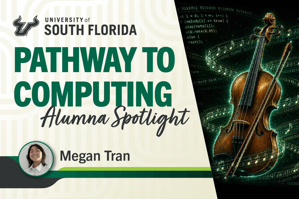 pathway to computing alumna spotlight megan tran - with a photo of a violin