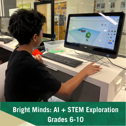 Bright Minds: AI + STEM Exploration with text stating "Bright Minds: AI + STEM Exploration Grades 6-10"