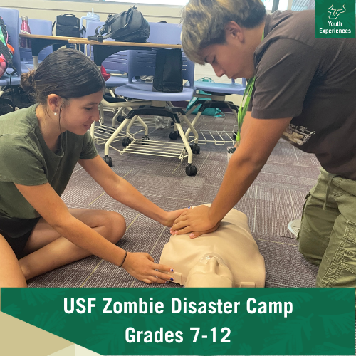 USF Zombie Disaster Camp with text stating "USF Zombie Disaster Camp Grades 9-12"