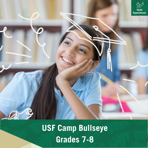 USF Camp Bullseye with text stating "USF Camp Bullseye Grades 7-8"