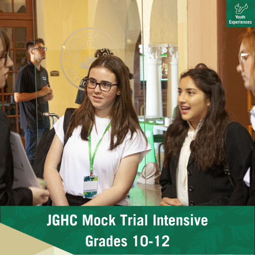 JGHC Mock Trial Intensive with text stating "JGHC Mock Trial Intensive Grades 10-12"