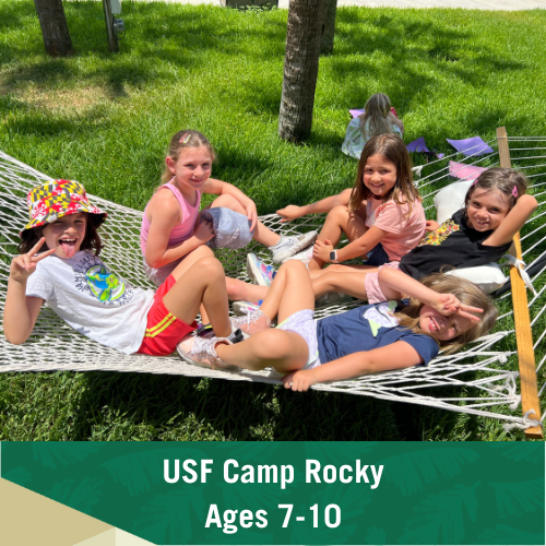 USF Camp Rocky with text stating "USF Camp Rocky Ages 7-10"