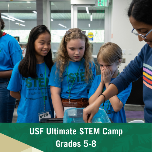 USF Ultimate STEM Camp with text stating "USF Ultimate STEM Camp Grades 5-8"