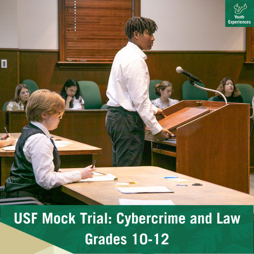 USF Mock Trial: Cybercrime and Law with text stating "USF Mock Trial CyberCrime and Law Grades 10-12"