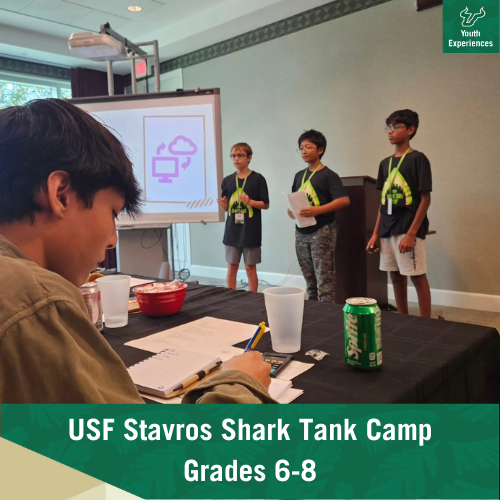 USF Stavros Shark Tank Camp with text stating "USF Stavros Shark Tank Camp Grades 6-8"