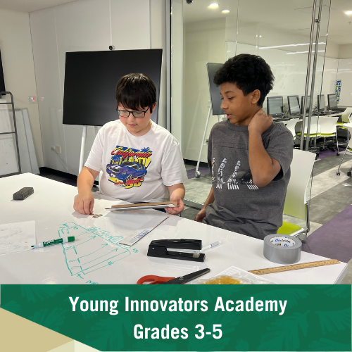 Young Innovators Academy with text stating "Young Innovators Academy Grades 3-5"