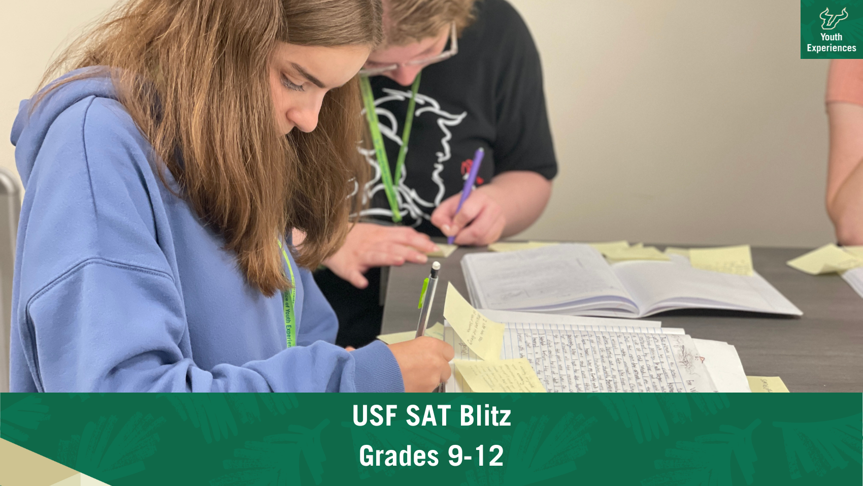 USF SAT Blitz with text stating "USF SAT Blitz Grades 9-12"