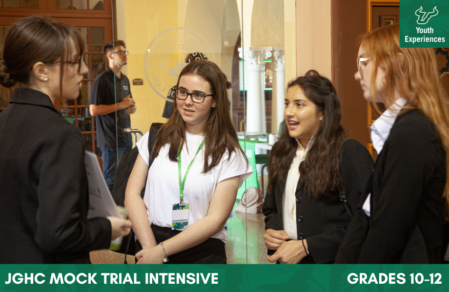JGHC Mock Trial Intensive with text stating "JGHC Mock Trial Intensive Grades 10-12"