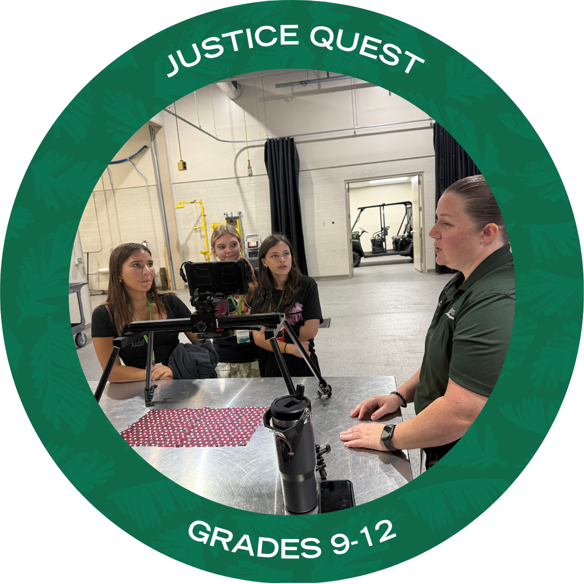Justice Quest with text stating "Justice Quest Grades 9-12"