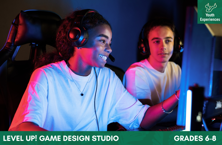 Level Up Game Design Studio with text stating "Level Up Game Design Studio Grades 6-8"