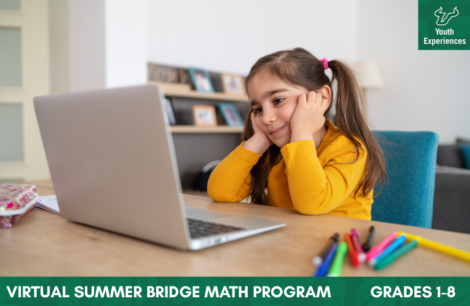 Virtual Summer Bridge Math Program with text stating "Virtual Summer Bridge Math Program Grades 1-8"