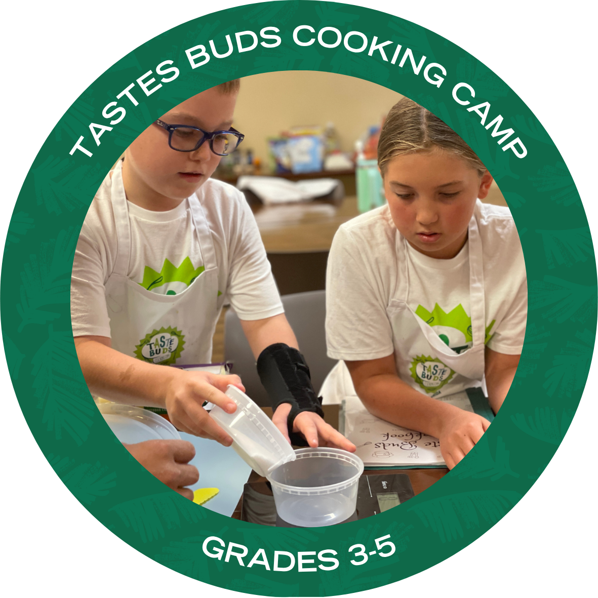 Taste Buds with text stating "Taste Buds Cooking Camp Grades 3-5"