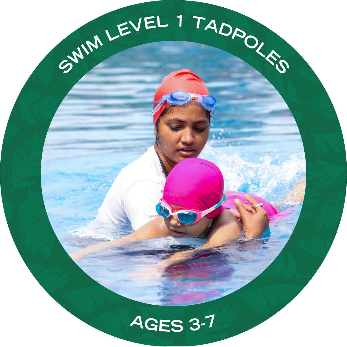 Swim level 1 Tadpoles with text stating "Swim Level 1 Tadpoles Ages 3-7"