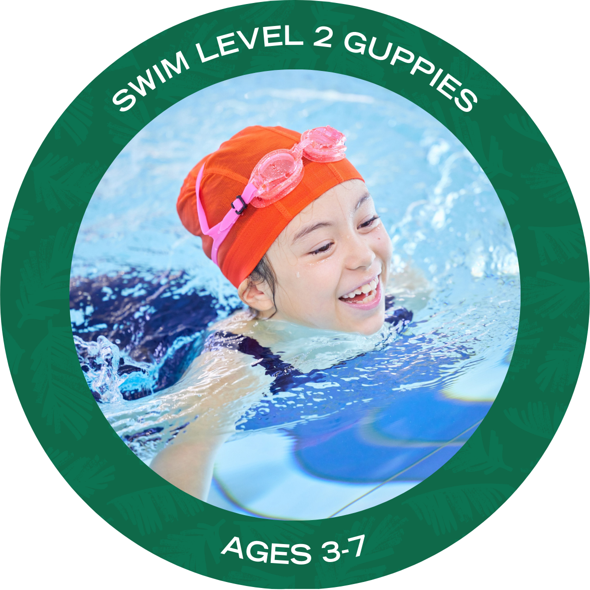 Swim level 2 Guppies with text stating "Swim Level 2 Guppies Ages 3-7"