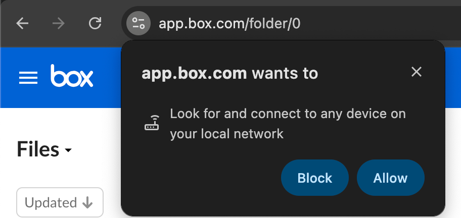 An image of the Box access pop-up window