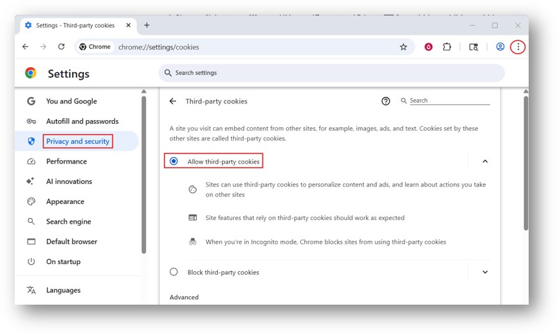 A pop-up showing broswer settings