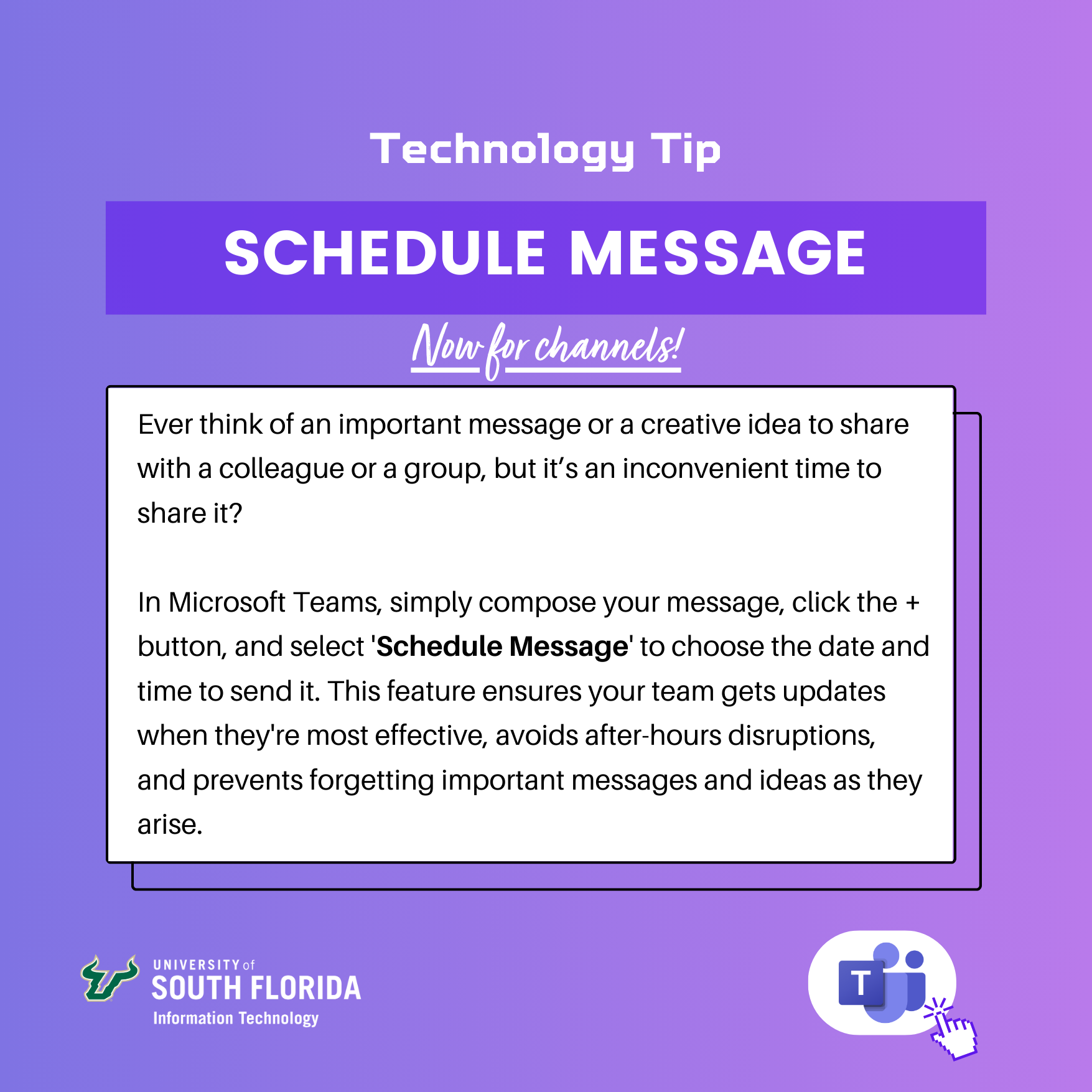 Purple infographic highlighting a new tech feature for Microsoft Teams