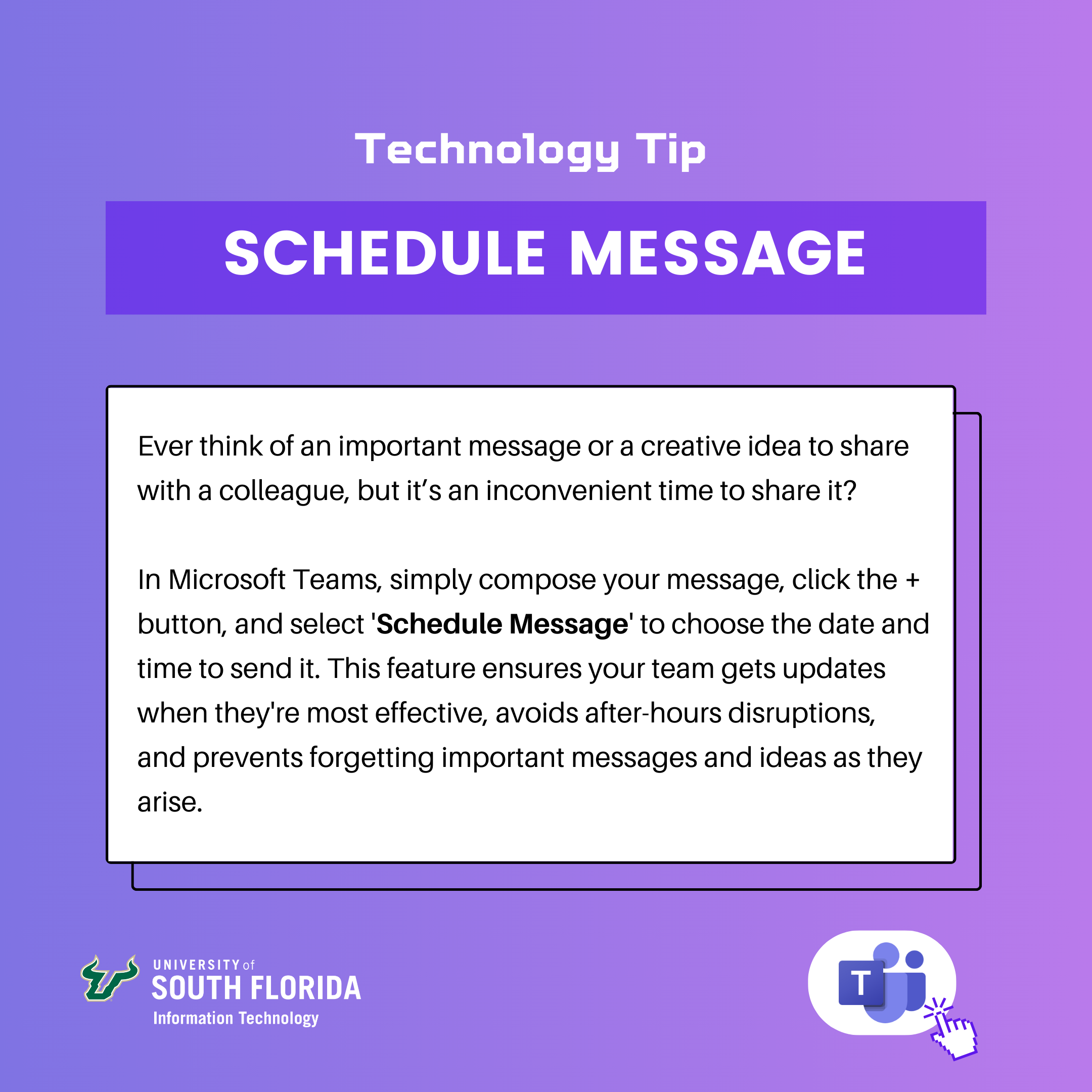 Purple inforgraphic describing a feature in Microsoft Teams
