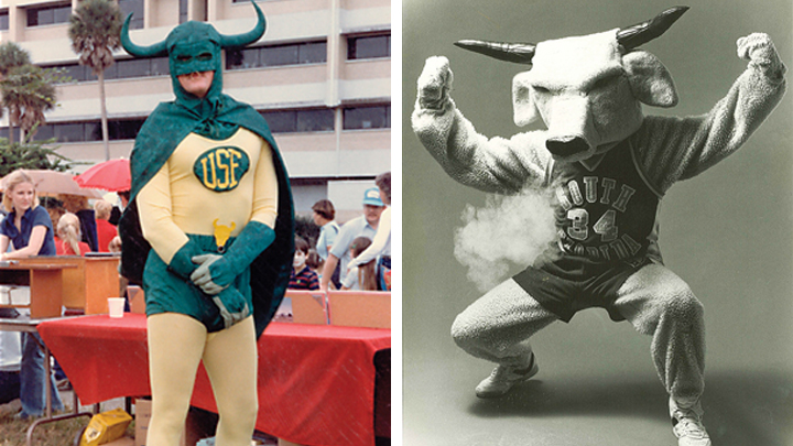 University Police dressed as crime-prevention superhero: Brahman Man and Rocky mascot in the 80s