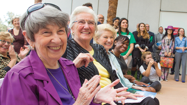 Lynn Pippenger, Kate Tiedemann and Ellen Cotton joined faculty, staff, students and community members at the dedication of Lynn Pippenger Hall at USF St. Petersburg.