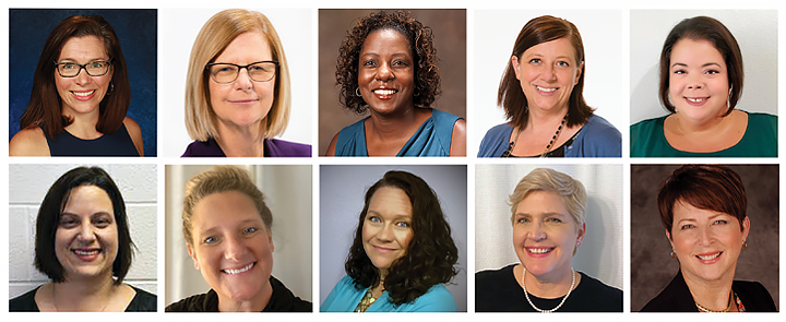 Top row: Catherine Mund, Cindy DeLuca, Melissa Irvin, Christine Brown, ’02 and MEd ’07, Michelle King, ’18  Second row: Lisa Landis, ’94 and MA ’98, Carrie Purol, Erin Sutliff, Tanya Vomacka, ’07, Renee Hunt.