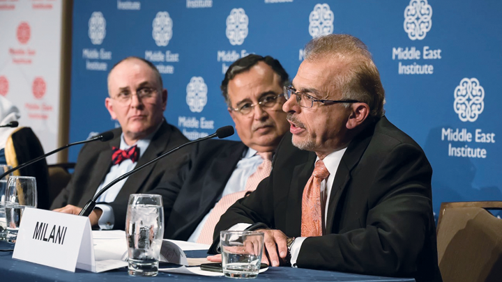 Mohsen Milani (right) participates in a 2016 panel discussion at the Middle East Institute in Washington, D.C. Pictured to Milani’s right is Nabih Fahmi, former Egyptian minister of foreign affairs; seated next to Fahmi is Eliot Cohen, former counselor in the U.S. State Department and current dean of the Paul H. Nitze School of Advanced International Studies at Johns Hopkins University