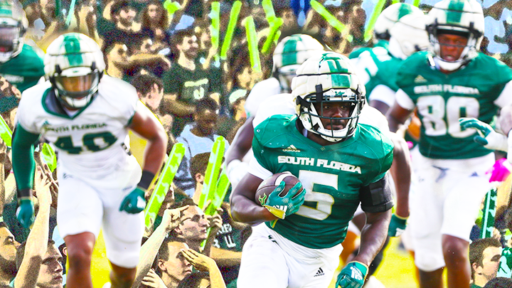 Stock image of USF football players over a posterized background image of cheering USF fans.