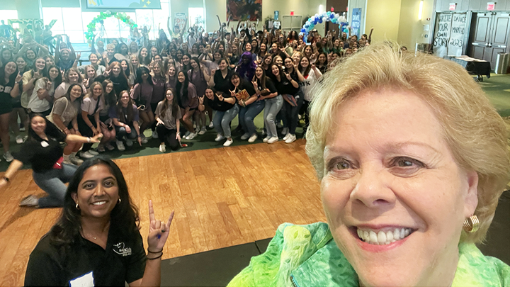 11:40 a.m. Saturday, Law takes a selfie with students gathered at the Marshall Student Center for the 18th annual Bulls For Kids 12-hour Dance Marathon.