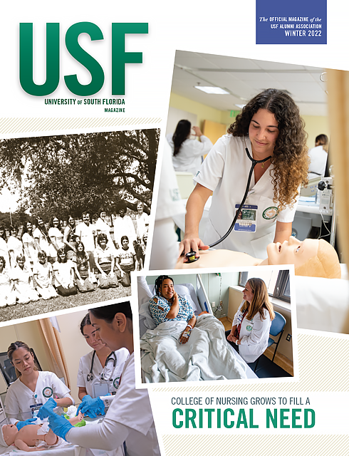 Image of cover of the Winter 2022 issue of USF magazine – four photos of nursing students past and present learning and working with patients.