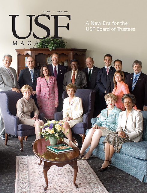 Rhea Law is surrounded by Board of Trustees members on the cover of USF Magazine, Fall 2006.
