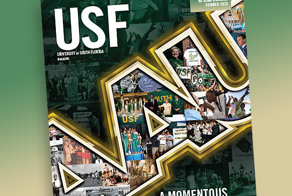 Large block letters AAU filled with various photos from USF’s history sit on a field of photos in dark green, on the cover of the summer issue of USF magazine.