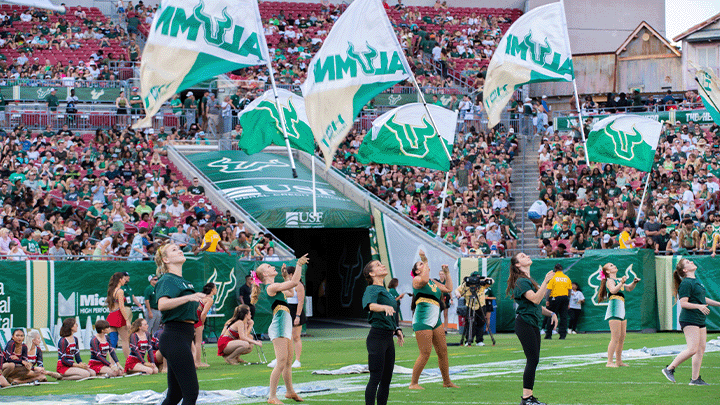 Flags bearing the USF Bull U logo and the word Alumni twirl in the air above both current and alumni members of the USF color guard while Bulls fans look on from the stands at Raymond James stadium.