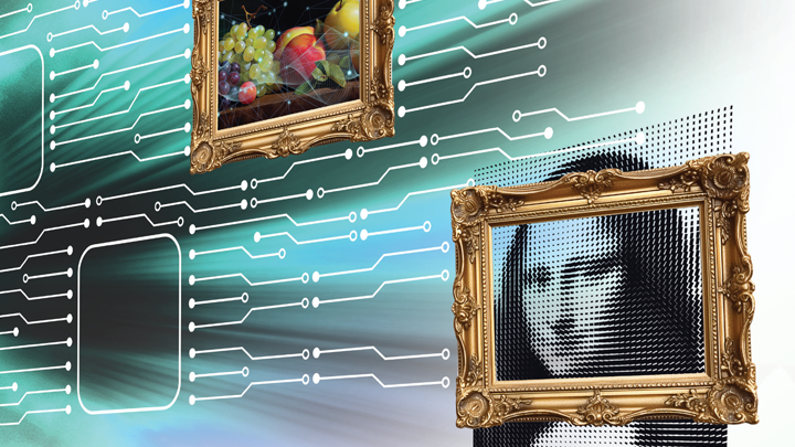 Two framed images, one a still life of fruit overlaid with digital lines, the other a pixelated image of the Mona Lisa, float on a background of circuitry.