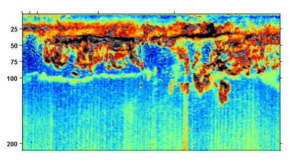 Acoustic echogram of crystal krill (Euphausia crystallorophias) in the upper 200 m of the Ross Sea.