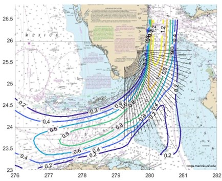Figure 1. Contours of the mean current speeds around south Florida (m/s). Sampling lines used to compute frontal position are in black.