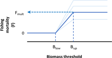 Harvest control rules (HCRs) represent fishing limits agreed upon by management and fishery stakeholders wherein the target fishing mortality is a function of current biomass (Masi et al. 2018).